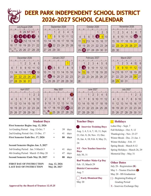 Deer Park Independent School District 2026–2027 Academic Calendar