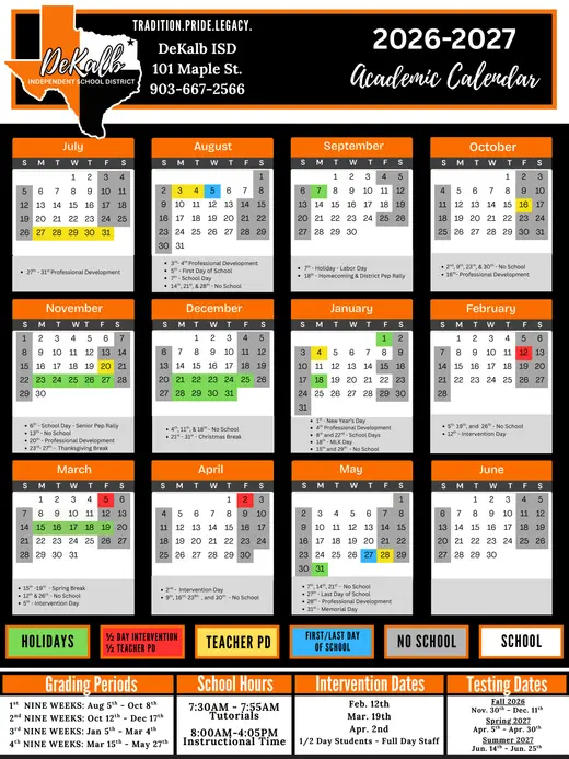 Dekalb ISD 2026–2027 Academic Calendar Page 1