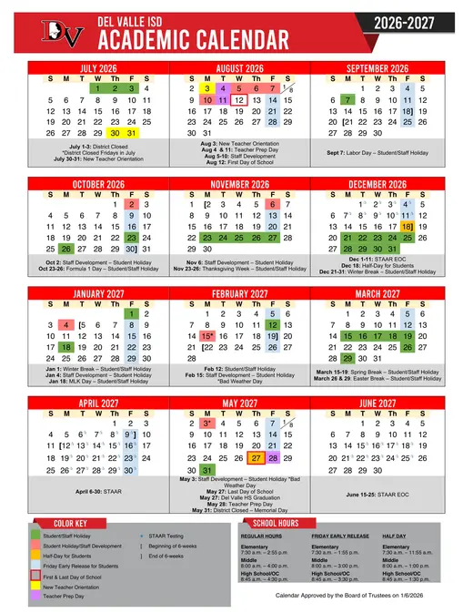 Del Valle ISD 2026–2027 Academic Calendar Page 1