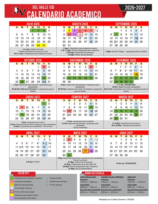 Del Valle ISD 2026–2027 Academic Calendar Page 2