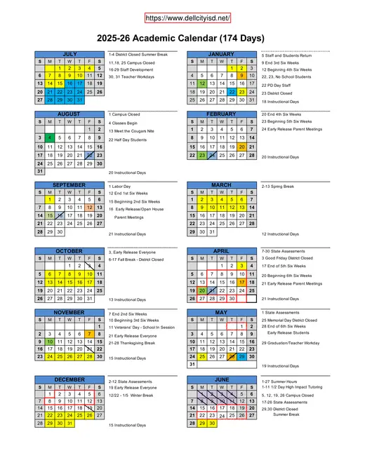 Dell City ISD 2025–2026 Academic Calendar Page 1