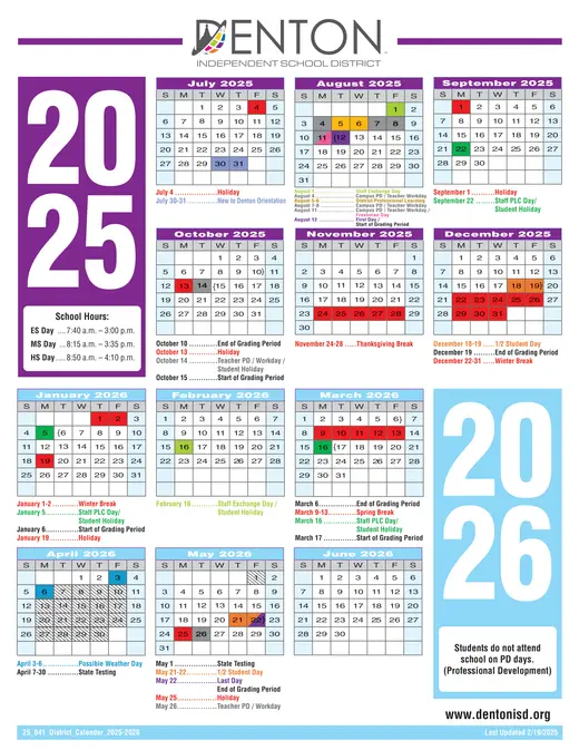 Denton Independent School District 2025–2026 Academic Calendar Page 1