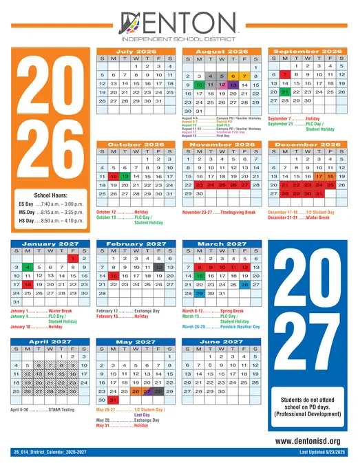 Denton Independent School District 2025–2026 Academic Calendar Page 2
