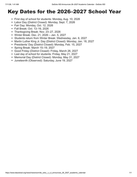 DeSoto ISD 2026–2027 Academic Calendar