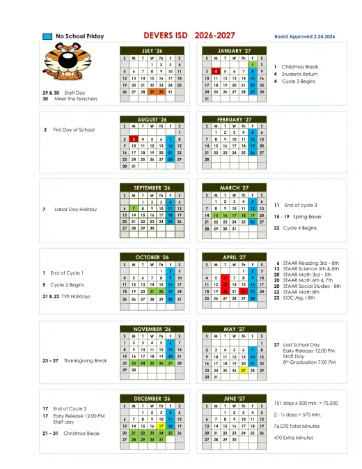 Devers ISD 2026–2027 Academic Calendar Page 1
