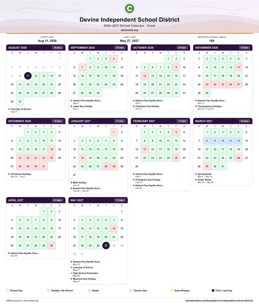 Devine Independent School District 2026–2027 printable school calendar — every month on one sheet