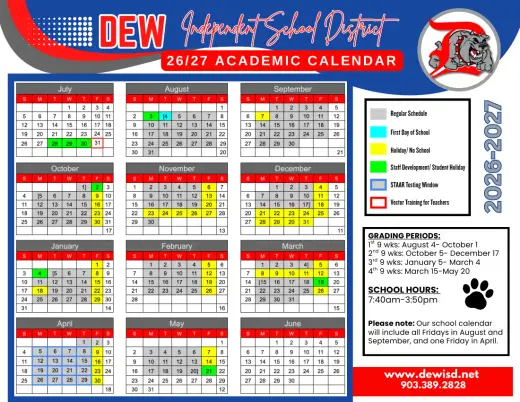 Dew ISD 2026–2027 Academic Calendar Page 1