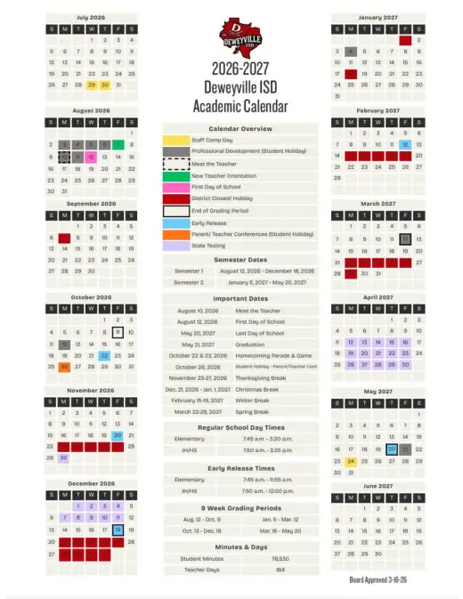 Deweyville ISD 2026–2027 Academic Calendar Page 1