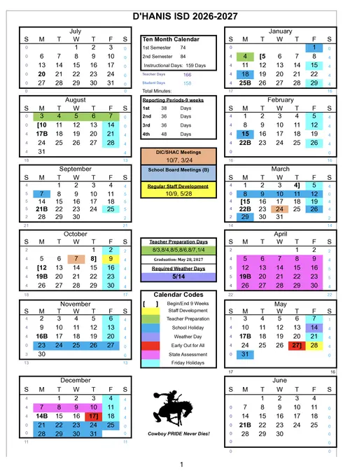 D'hanis ISD 2026–2027 Academic Calendar Page 1