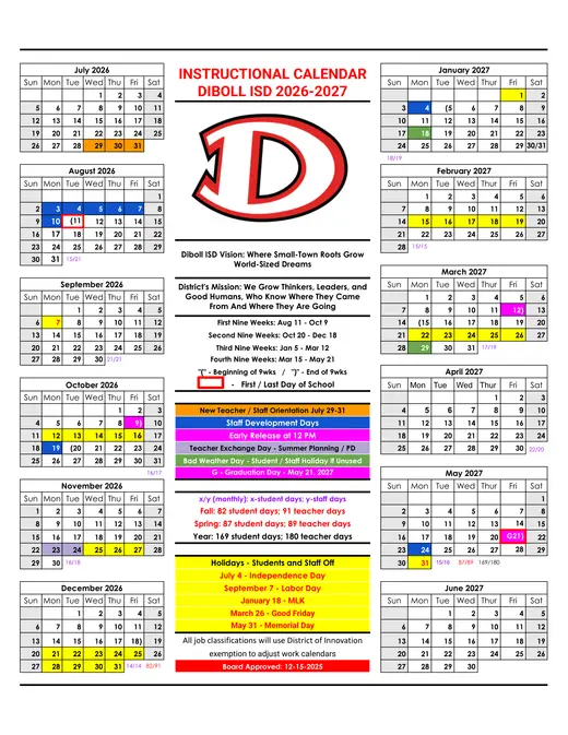 Diboll Independent School District 2026–2027 Academic Calendar