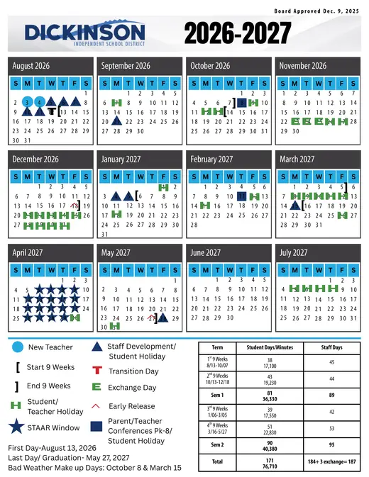 Dickinson Independent School District 2026–2027 Academic Calendar