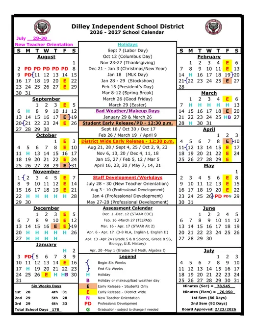 Dilley ISD 2026–2027 Academic Calendar Page 1