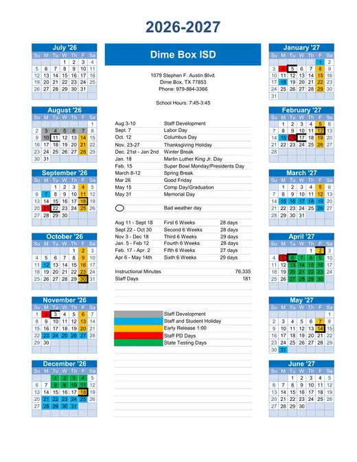 Dime Box ISD 2026–2027 Academic Calendar Page 1