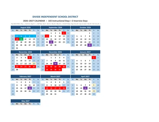 Divide ISD 2026–2027 Academic Calendar Page 1