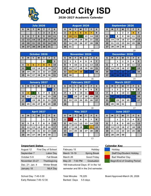 Dodd City ISD 2026–2027 Academic Calendar Page 1