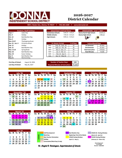 Donna ISD 2026–2027 Academic Calendar
