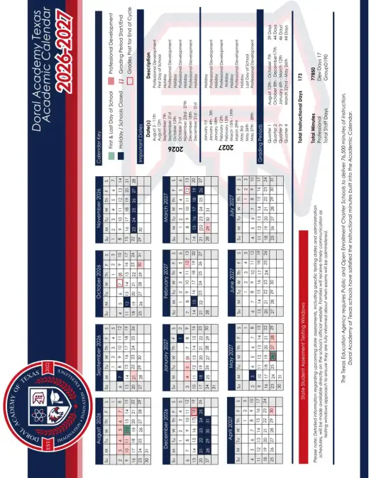 Doral Academy of Texas 2026–2027 Academic Calendar Page 1