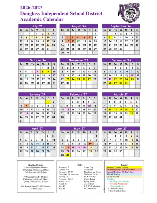Douglass ISD 2026–2027 Academic Calendar Page 1