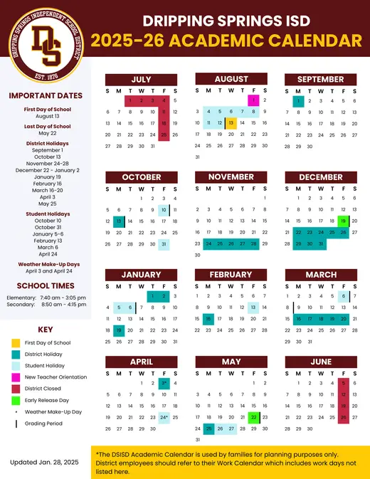 Dripping Springs Independent School District 2025–2026 Academic Calendar