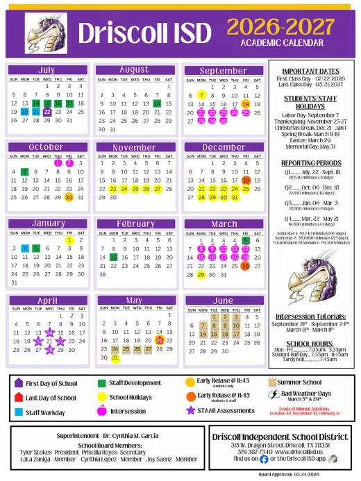 Driscoll ISD 2026–2027 Academic Calendar Page 2