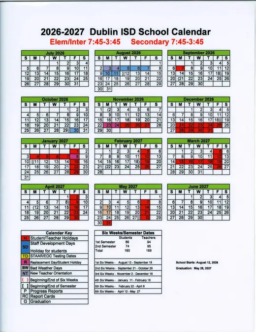 Dublin ISD 2026–2027 Academic Calendar Page 1