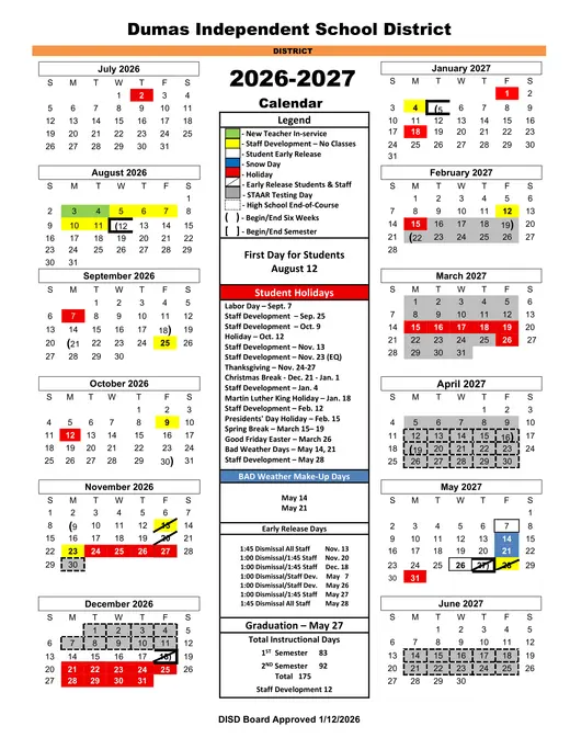 Dumas Independent School District 2026–2027 Academic Calendar