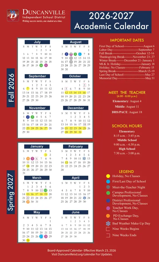 Duncanville Independent School District 2026–2027 Academic Calendar
