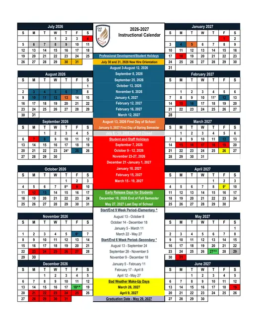 Eagle Mountain-Saginaw ISD 2026–2027 Academic Calendar Page 1