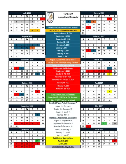 Eagle Mt-Saginaw ISD 2026–2027 Academic Calendar Page 1