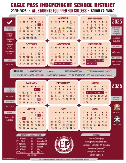 Eagle Pass Independent School District 2026–2027 Academic Calendar Page 1