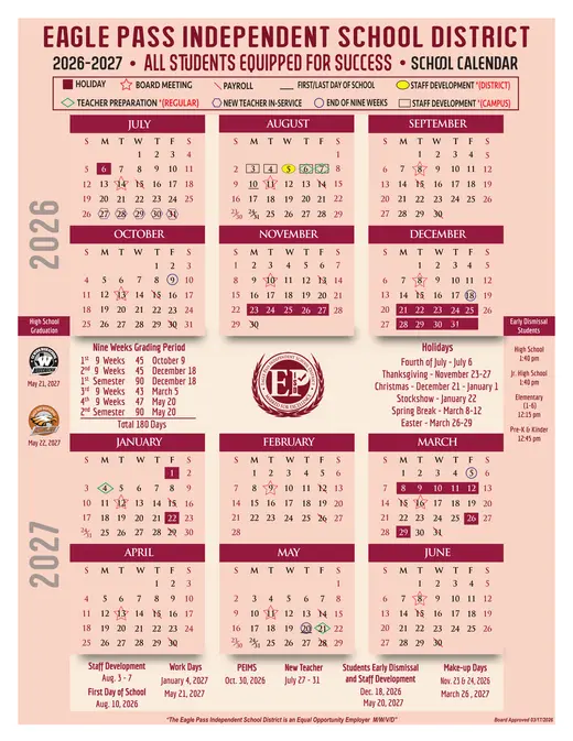 Eagle Pass Independent School District 2026–2027 Academic Calendar Page 2