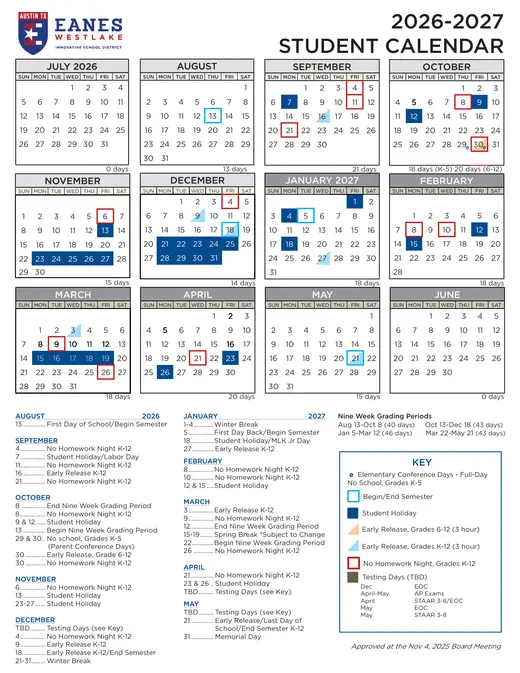 Eanes ISD 2026–2027 Academic Calendar