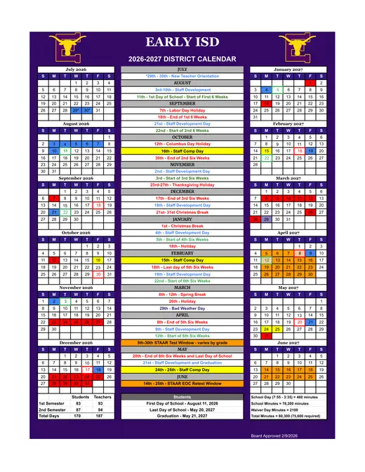 Early ISD 2026–2027 Academic Calendar Page 1