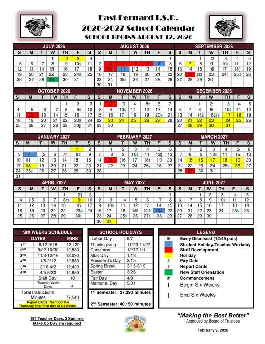 East Bernard I.s.d 2026–2027 Academic Calendar Page 1