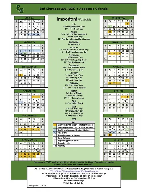 East Chambers Independent School District 2026–2027 Academic Calendar Page 2