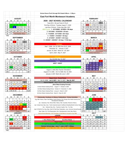 East Fort Worth Montessori Academy 2026–2027 Academic Calendar Page 1