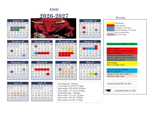 Eastland ISD 2026–2027 Academic Calendar Page 1