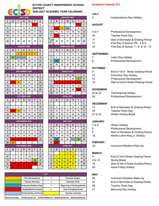 Ector County Independent School District 2026–2027 Academic Calendar