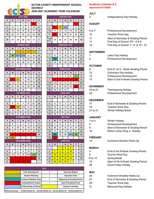Ector County ISD 2026–2027 Academic Calendar Page 1