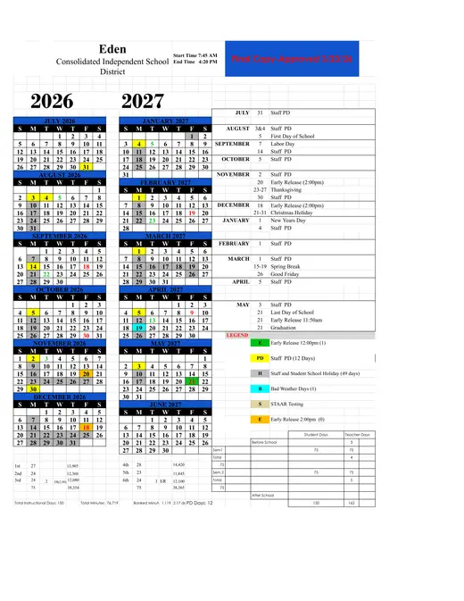 Eden Consolidated ISD 2026–2027 Academic Calendar Page 1
