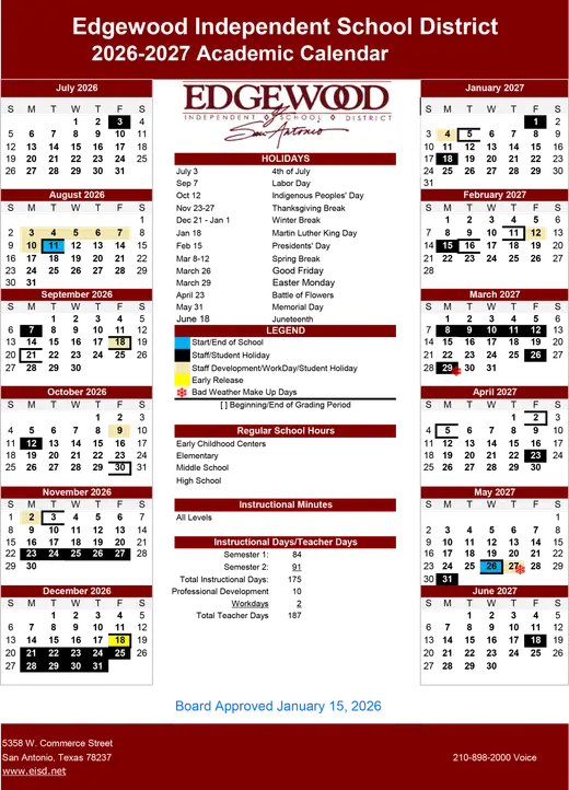 Edgewood Independent School District 2026–2027 Academic Calendar Page 2