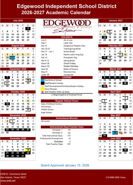 Edgewood ISD 2026–2027 Academic Calendar Page 1