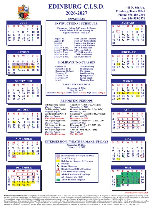 Edinburg C.i.s.d 2026–2027 Academic Calendar