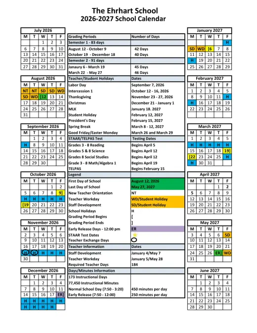 Ehrhart School 2026–2027 Academic Calendar Page 1