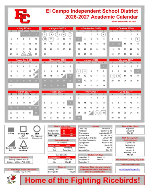 El Campo Independent School District 2026–2027 Academic Calendar