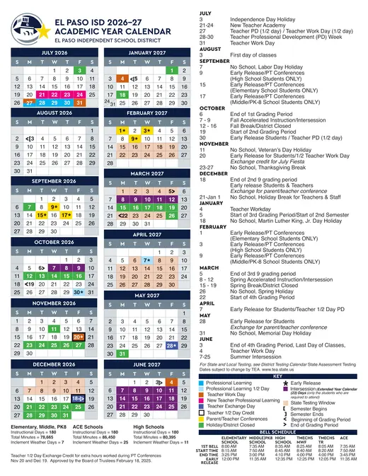 El Paso Independent School District 2026–2027 Academic Calendar