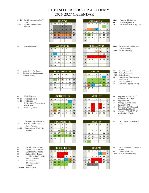 El Paso Leadership Academy 2026–2027 Academic Calendar Page 2