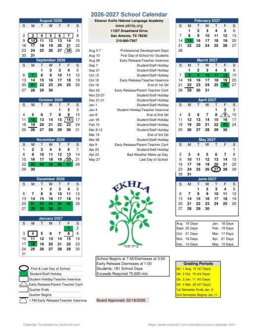 Eleanor Kolitz Hebrew Language Academy 2026–2027 Academic Calendar Page 1