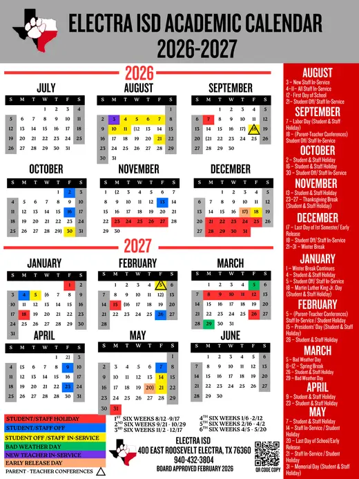 Electra ISD 2026–2027 Academic Calendar Page 1