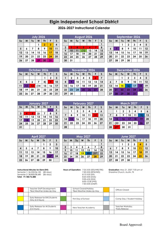 Elgin Independent School District 2026–2027 Academic Calendar